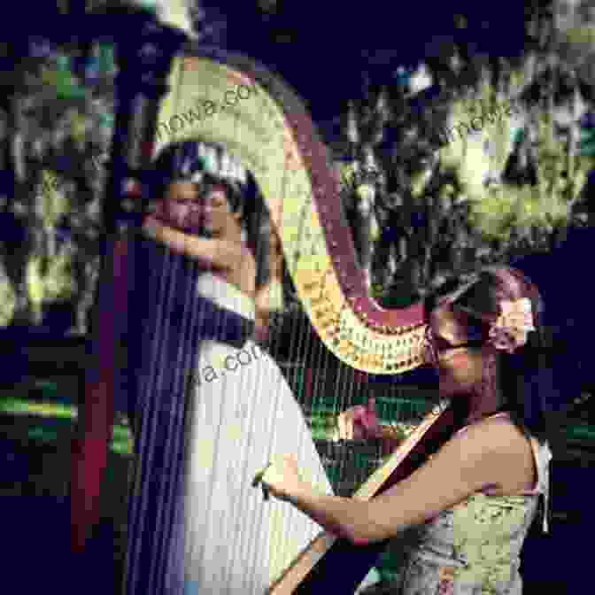 A Young Couple Embrace While A Harpist Plays A Love Song In The Background. 24 Color Paintings Of Sir Frank Dicksee British Victorian Academic Painter And Illustrator (November 27 1853 October 17 1928)