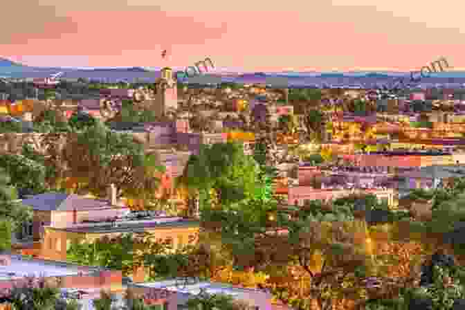 Panoramic View Of Santa Fe Skyline Featuring Adobe Buildings, Mountains, And Clear Blue Sky A Month In Santa Fe: Ramblings In The Desert Southwest